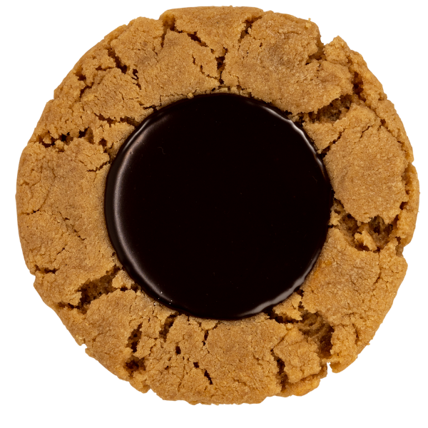 Peanut Butter Blossom Our peanut butter cookie with a pool of creamy dark chocolate ganache.