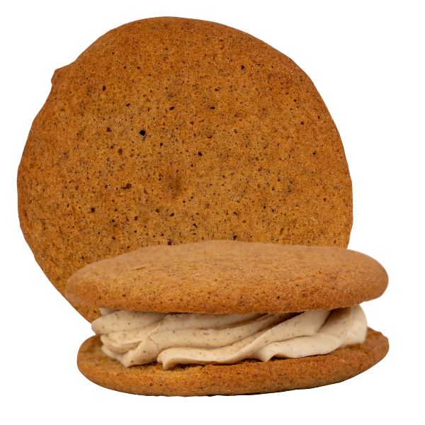 A cake like apple cider whoopie cookie sandwiched with a spiced buttercream filling